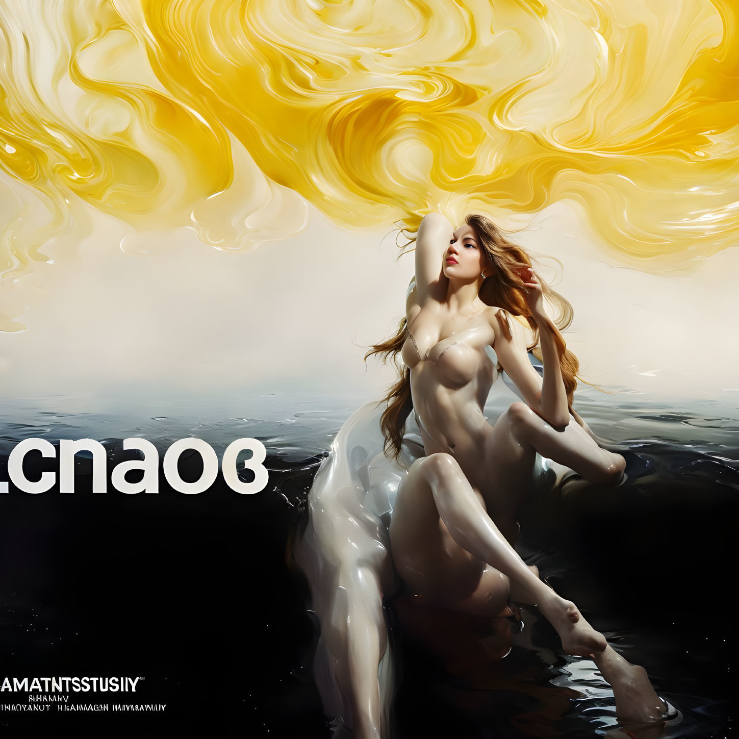 Surreal nude female figure in water under swirling yellow sky