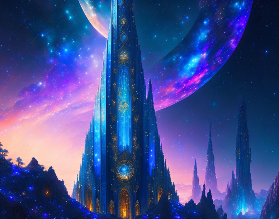 Fantastical digital artwork: Star-adorned spire, cosmic backdrop, vibrant hues, celestial