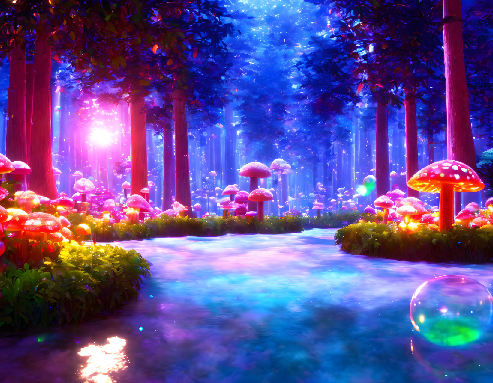 Enchanted forest with glowing mushrooms and magical lights