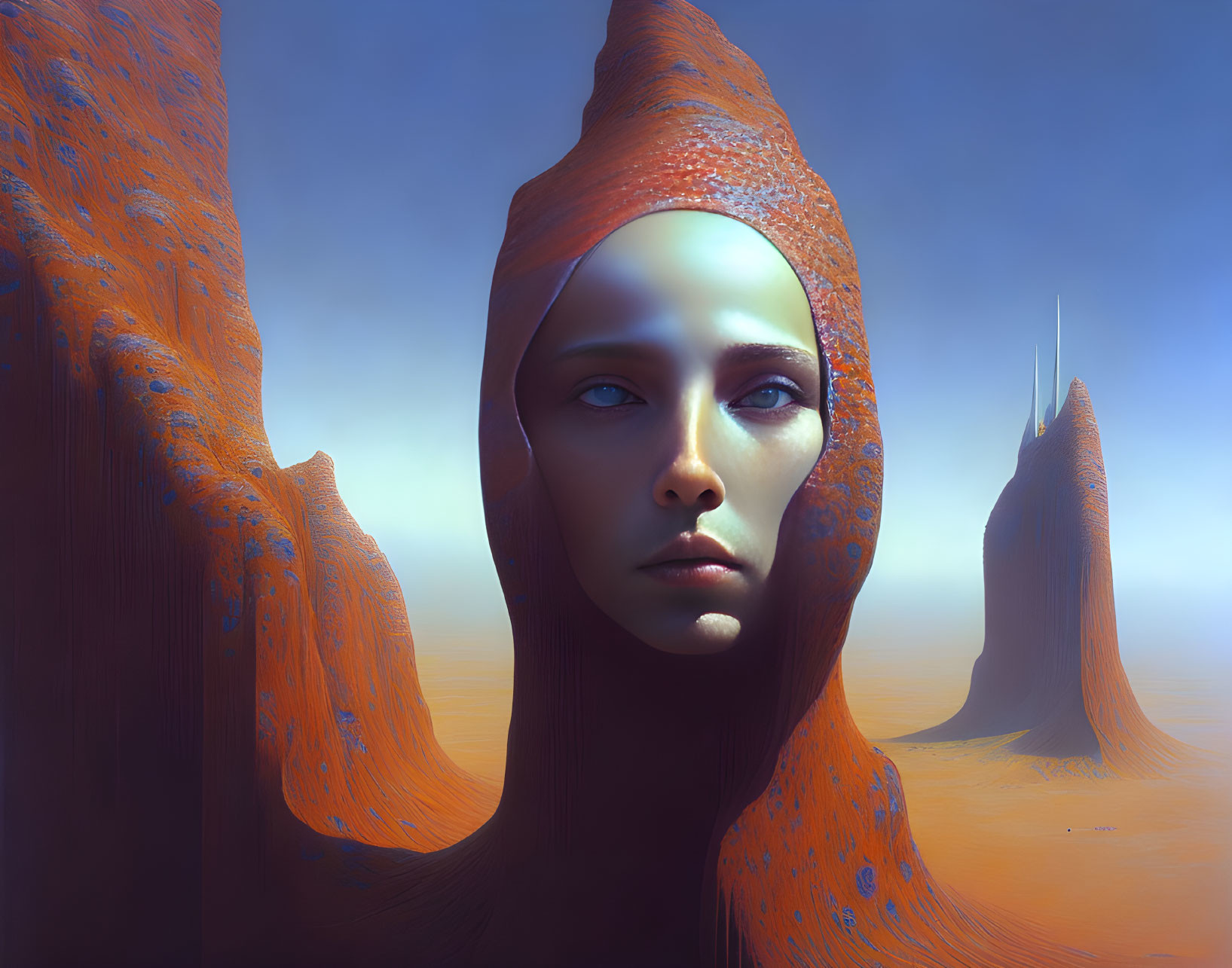 Surreal digital artwork: Female face with elongated hood in desolate landscape