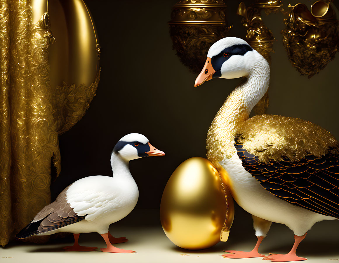 Ornate anthropomorphic geese with golden egg in opulent setting