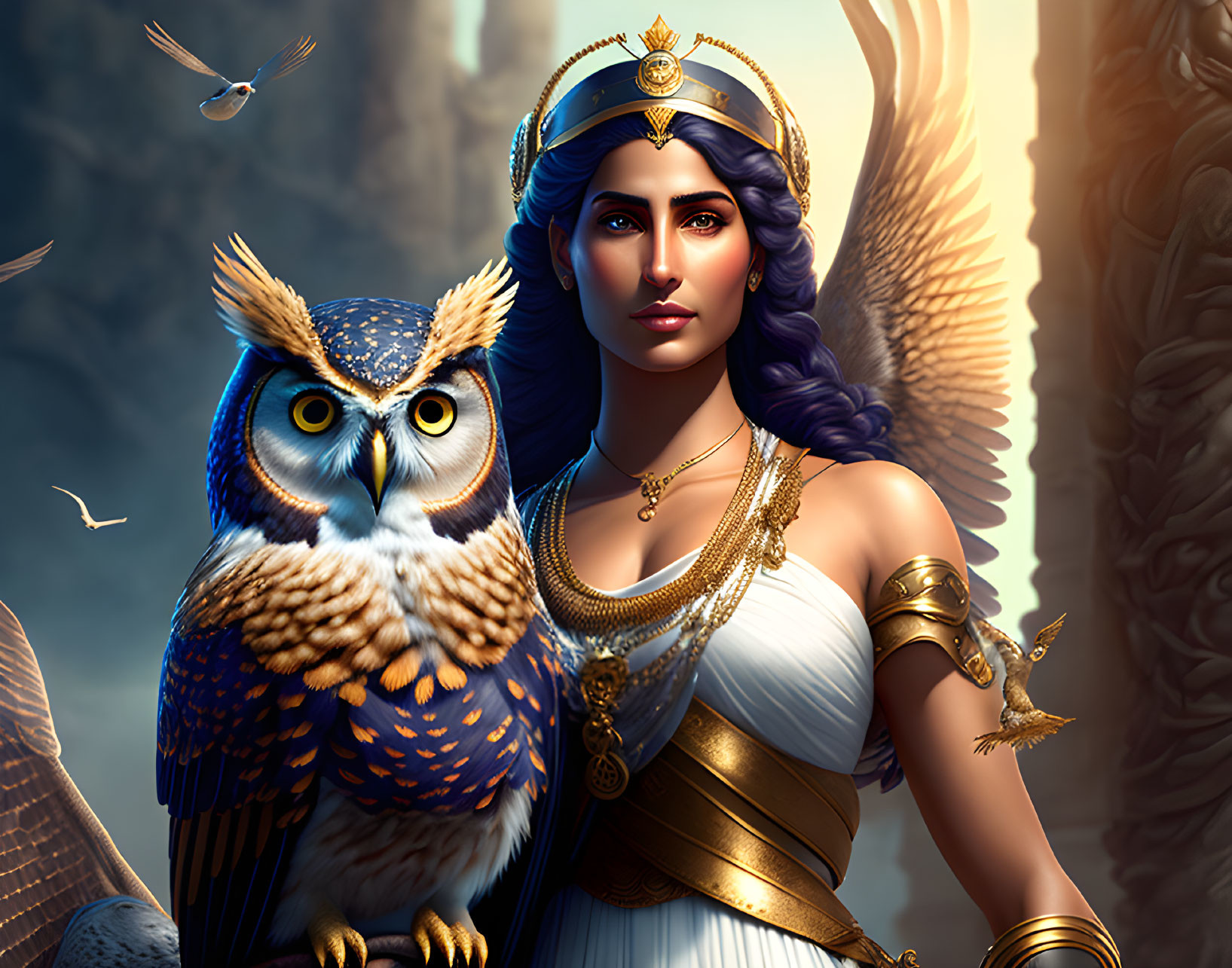 Majestic woman with wings and golden tiara and owl in mystical setting