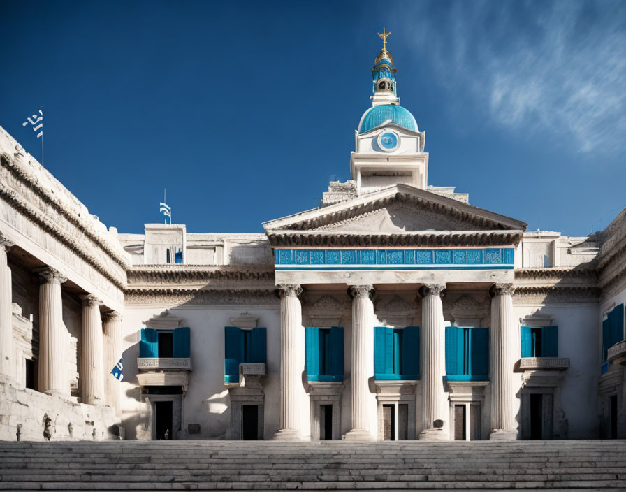 Neoclassical Building with Central Dome and Blue Accents