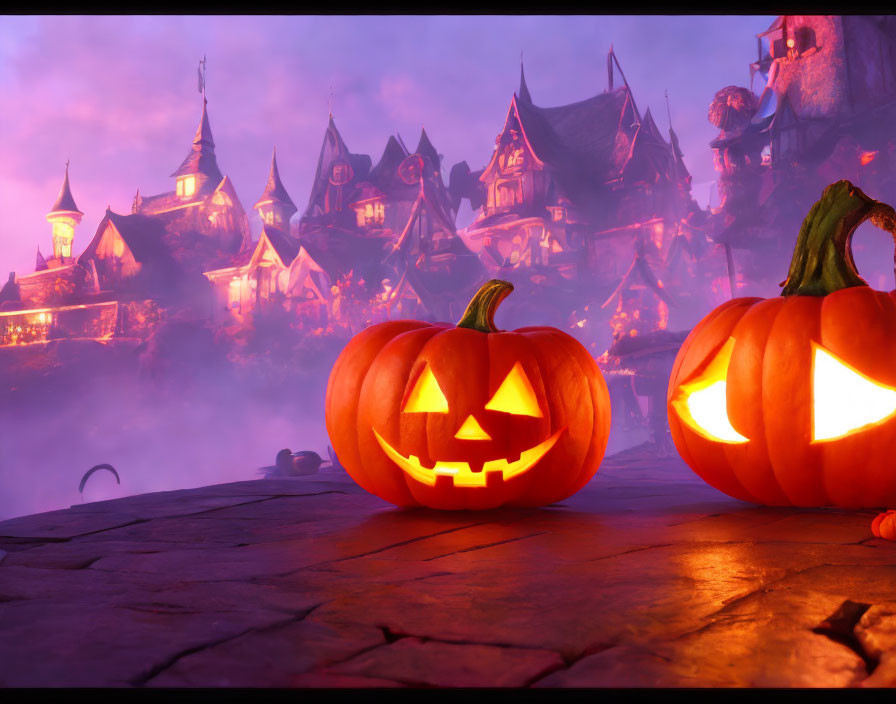 Glowing jack-o'-lanterns with spooky village and purple sky for Halloween.