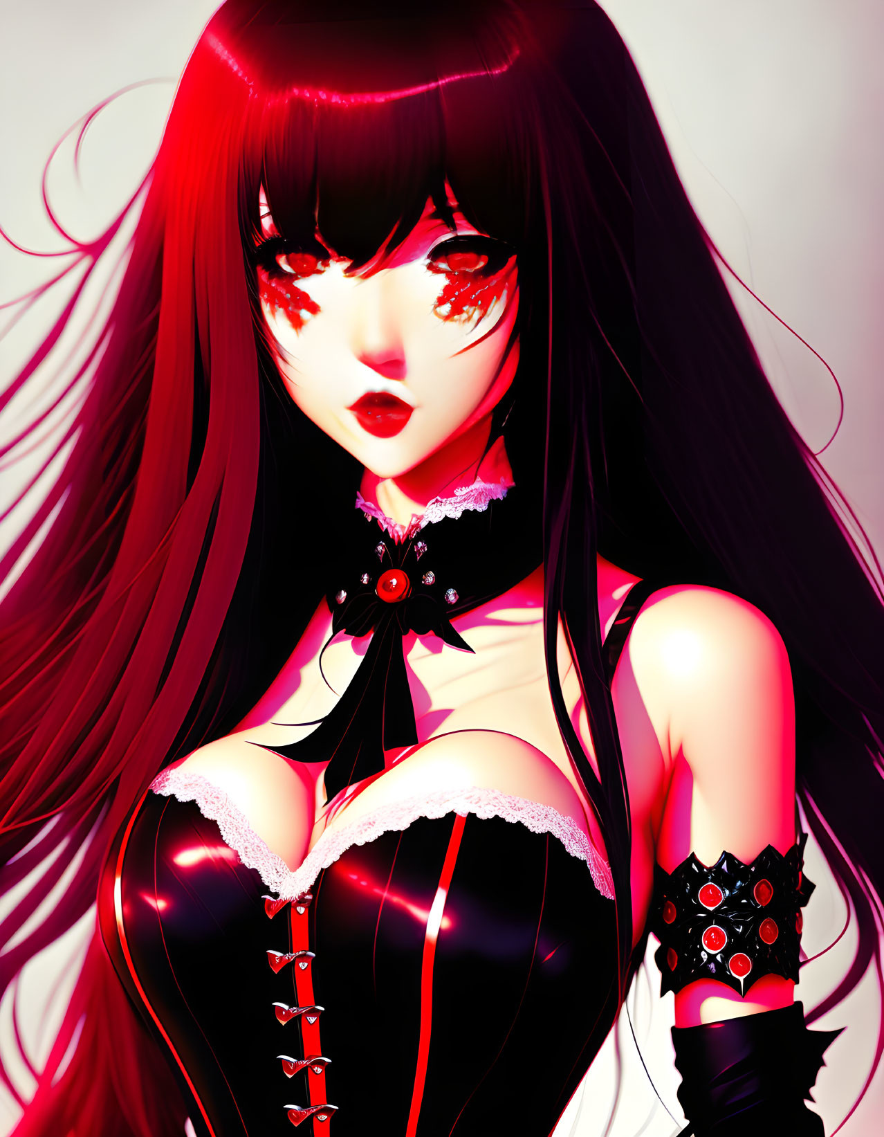 Stylized female character with red eyes and long red hair in gothic outfit