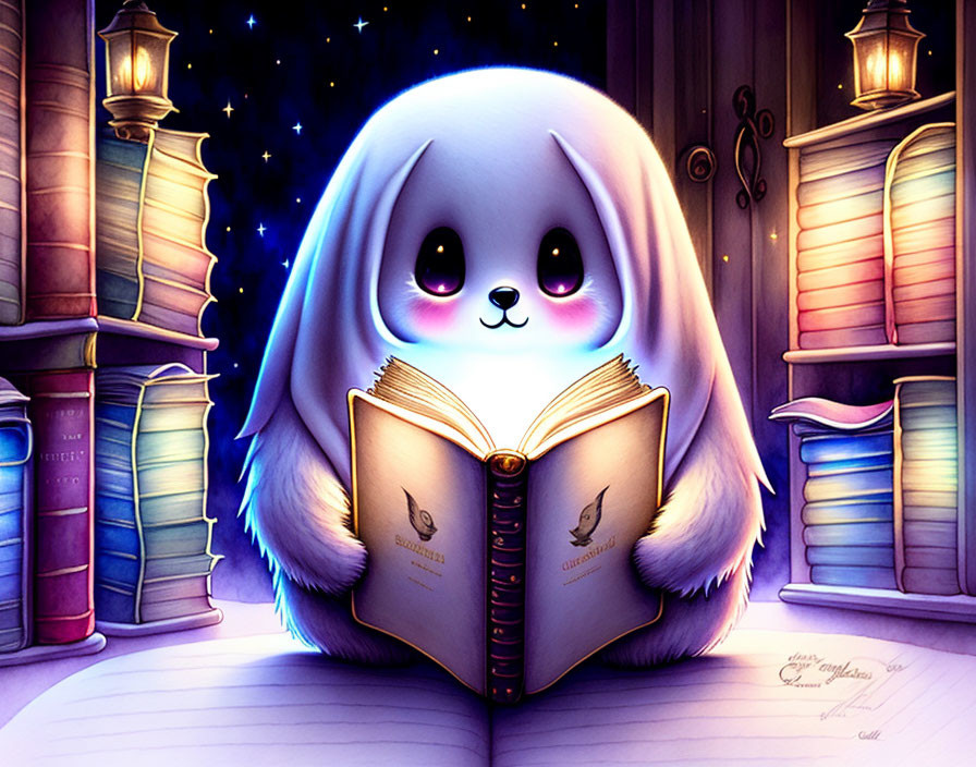 Fluffy creature with glowing eyes reading book under starry sky