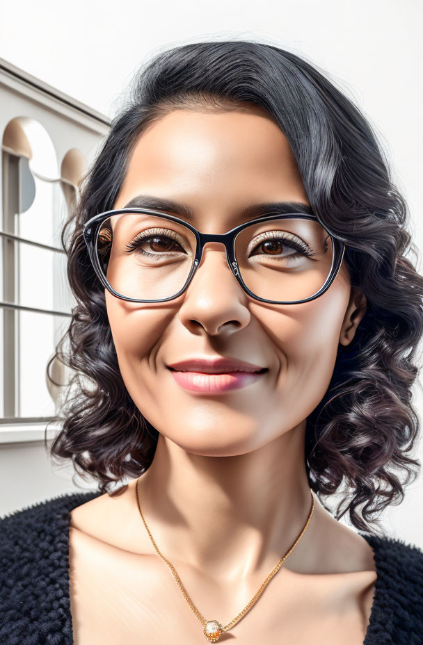 Smiling woman with curly hair and glasses on light background