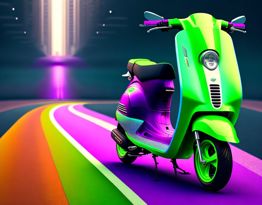 Neon green scooter on futuristic neon-lit road