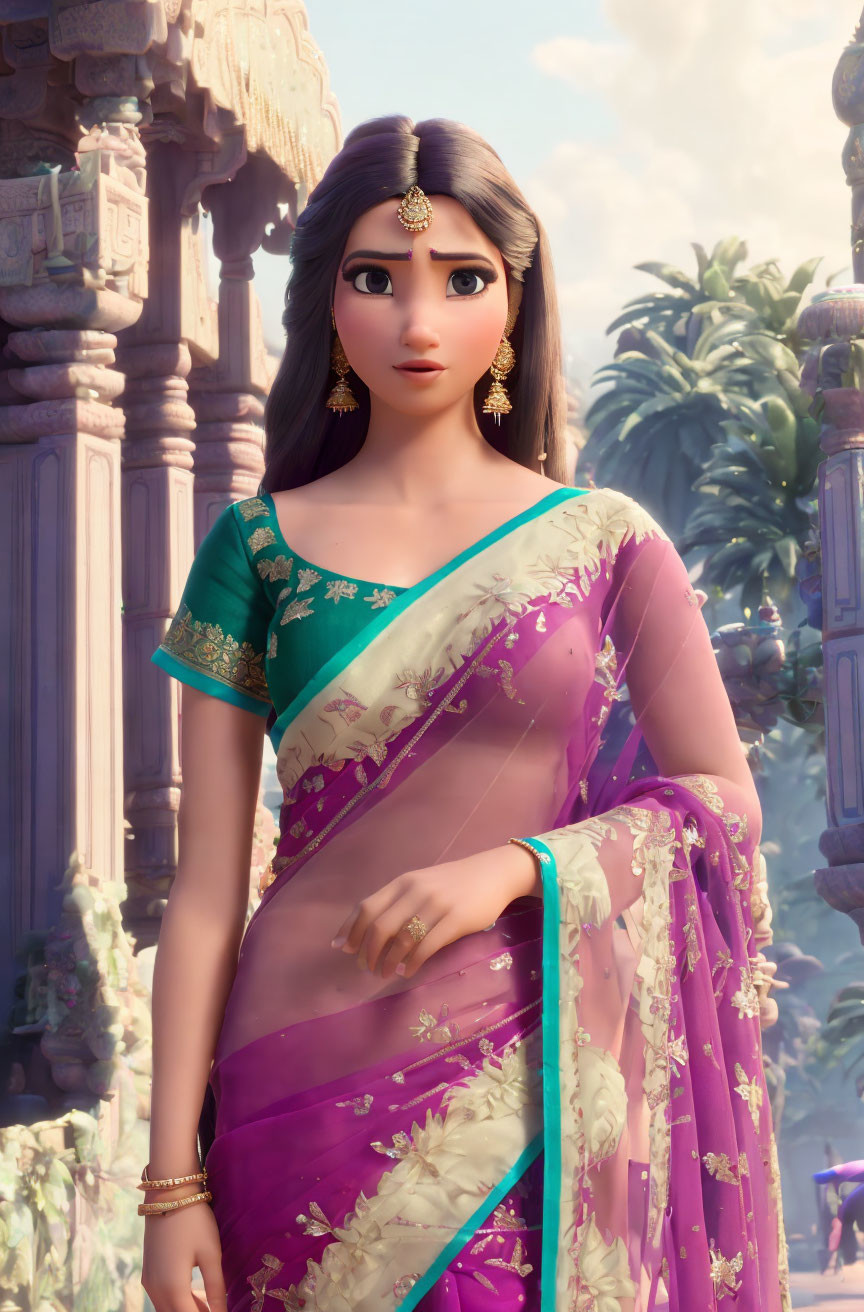 Long-haired animated character in Indian sari with jewelry against architectural backdrop