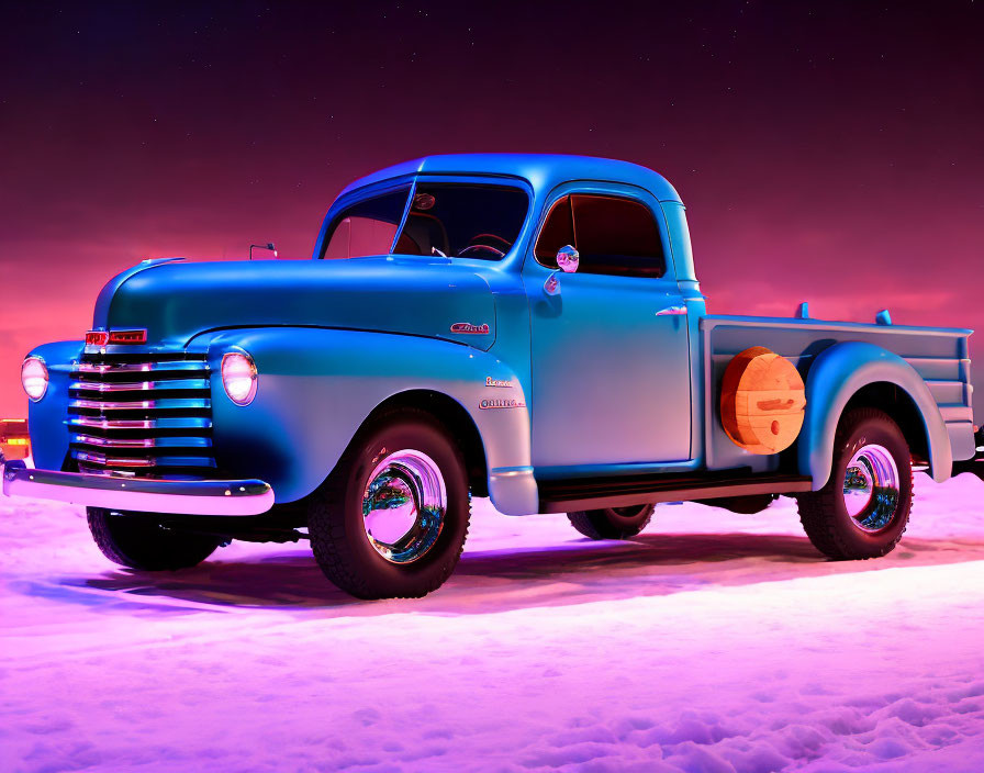 Vintage Blue Pickup Truck Against Pink and Purple Sky with Neon Vinyl Record Sign