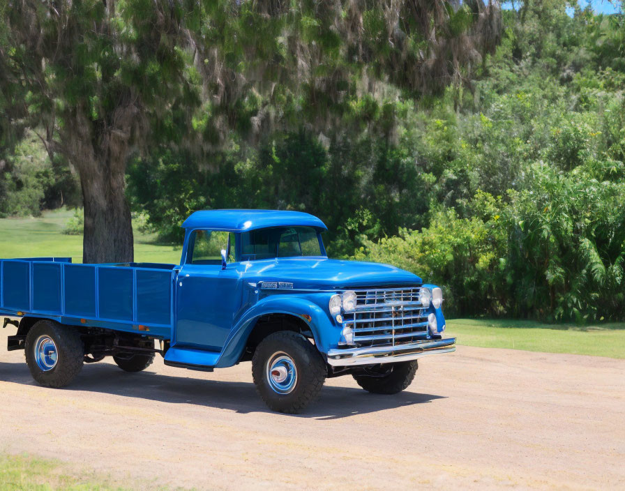 Vintage blue pickup truck on road amid green landscape.