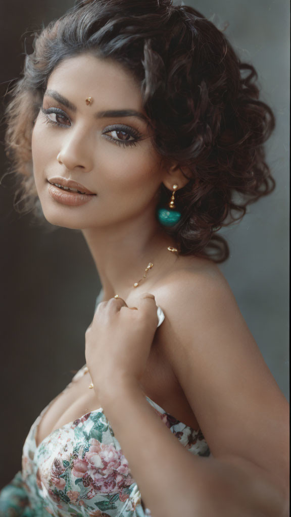 Curled hair woman in floral dress with bindi and golden jewelry smiling at camera