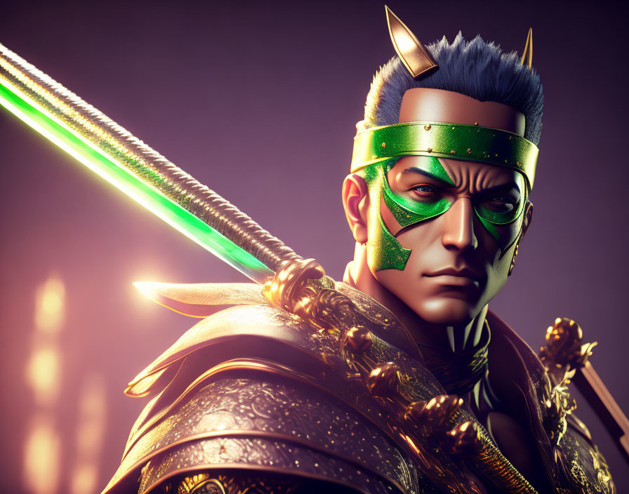 Futuristic samurai male character with green glowy sword