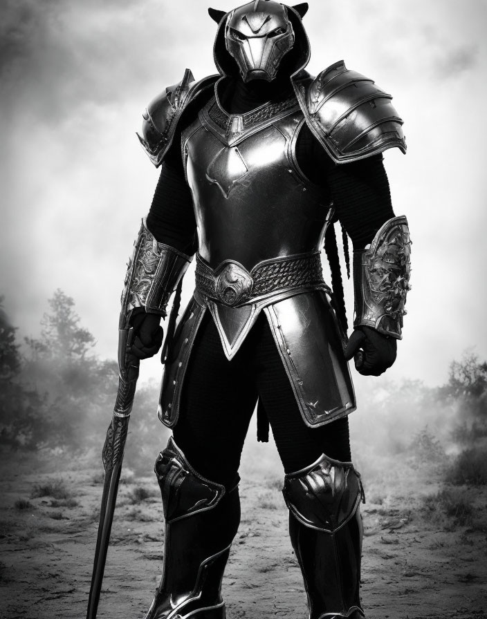 Medieval knight in armor with helmet and spear in misty forest.