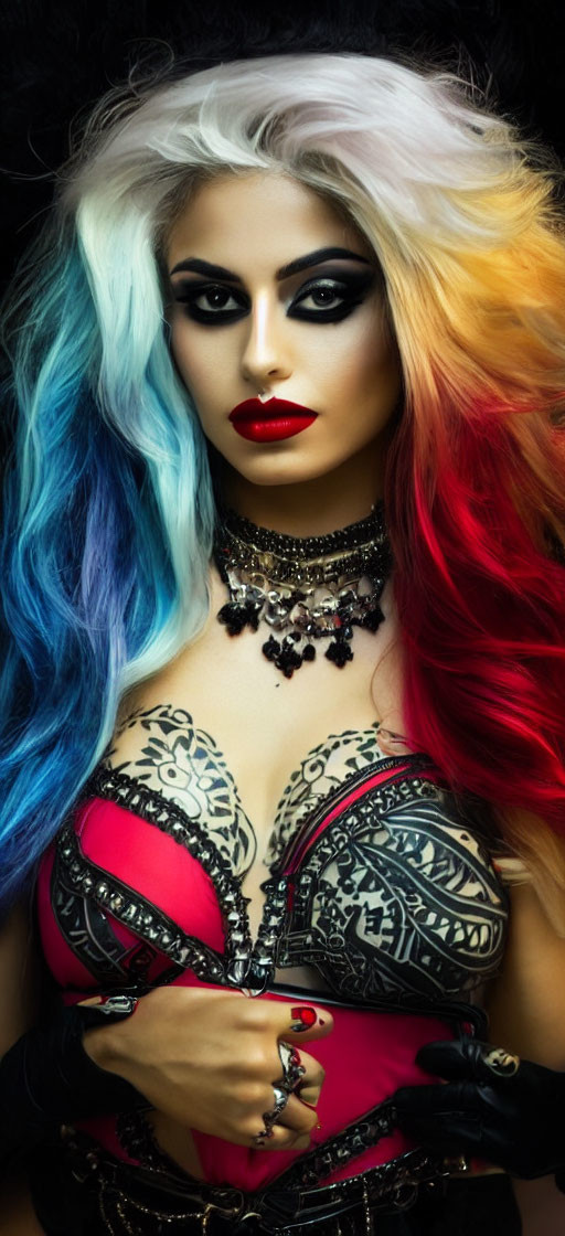 Striking makeup and colorful hair on woman in corset and choker