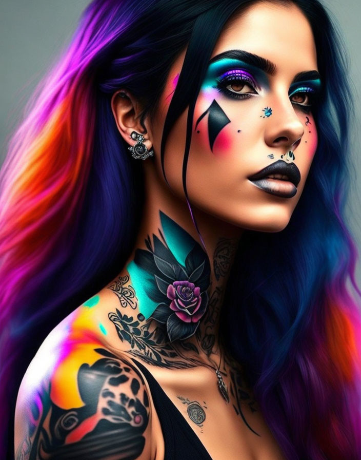 Vibrant portrait of a person with colorful makeup, blue hair, tattoos, and piercing eyes