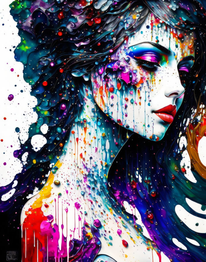 Colorful Woman Portrait with Paint Dripping Effects