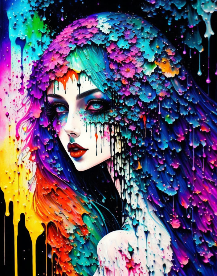 Vibrant painting of a woman with colorful dripping hair on black background