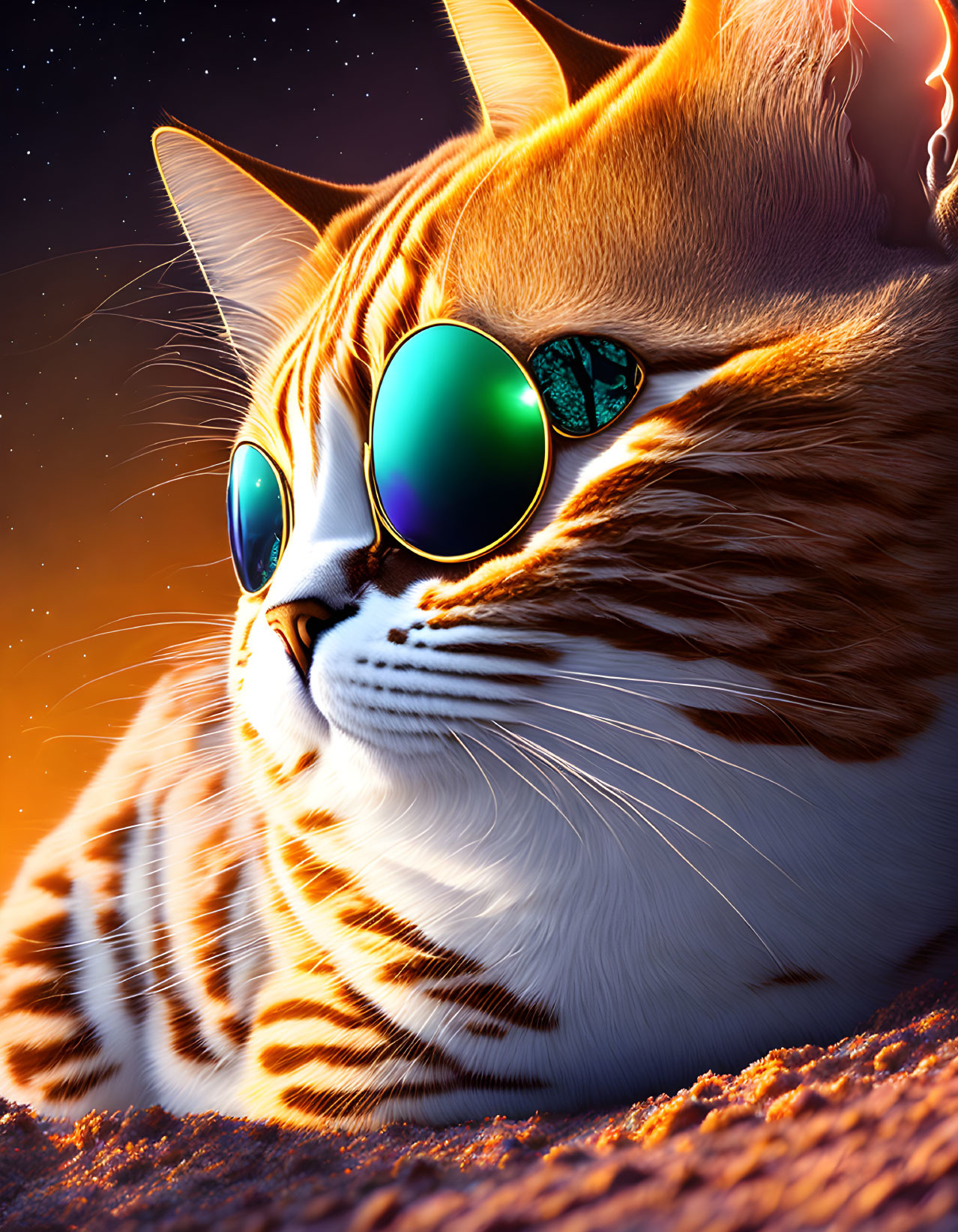 Orange Tabby Cat with Reflective Sunglasses on Starry Sky Background