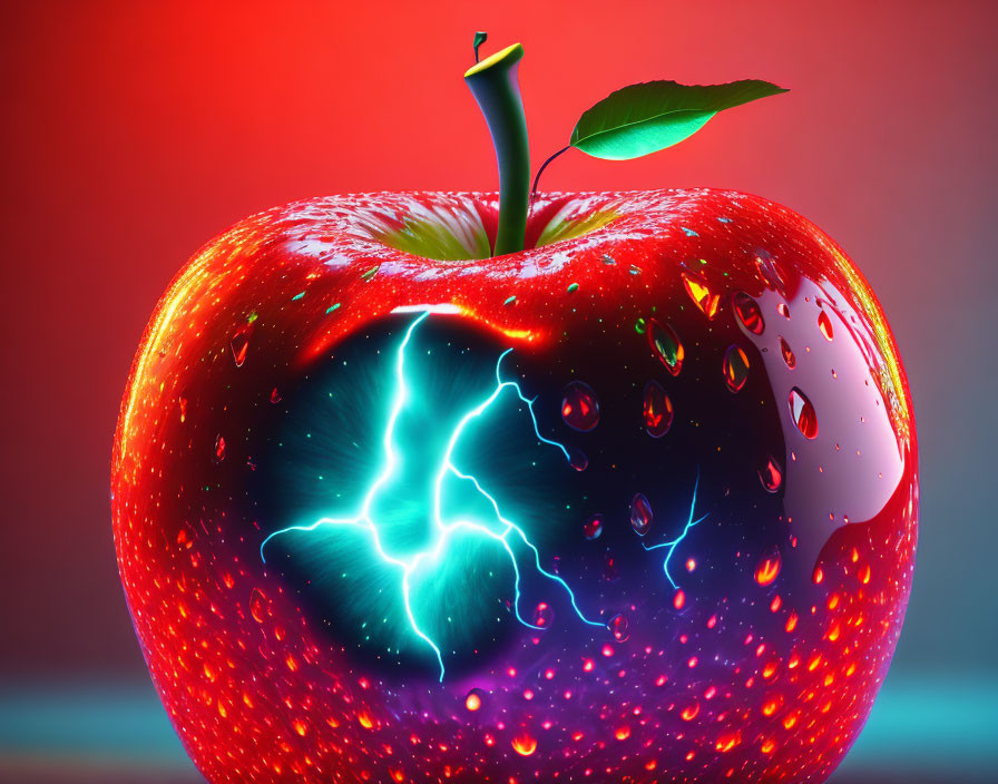 Vibrant red apple with water droplets and blue lightning bolt on gradient background