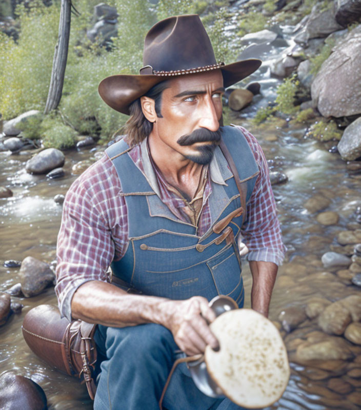 Cowboy with mustache panning for gold by stream