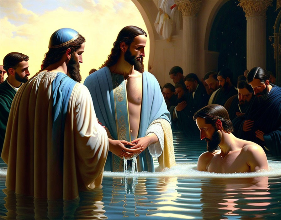 Baptism scene with man in water and observer in background