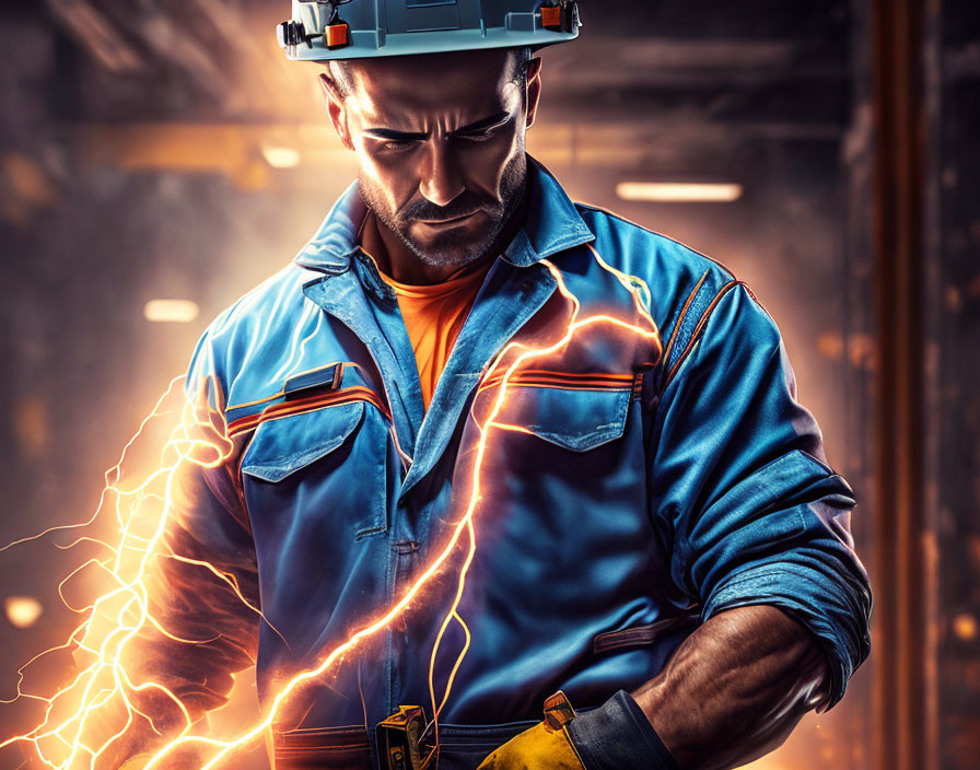 Worker in Blue Uniform Amid Dramatic Electrical Arcs