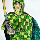 Camouflage cloaked person with lightsaber and serious expression