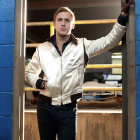 Stylish man in white shirt leans on doorframe with retro car in background