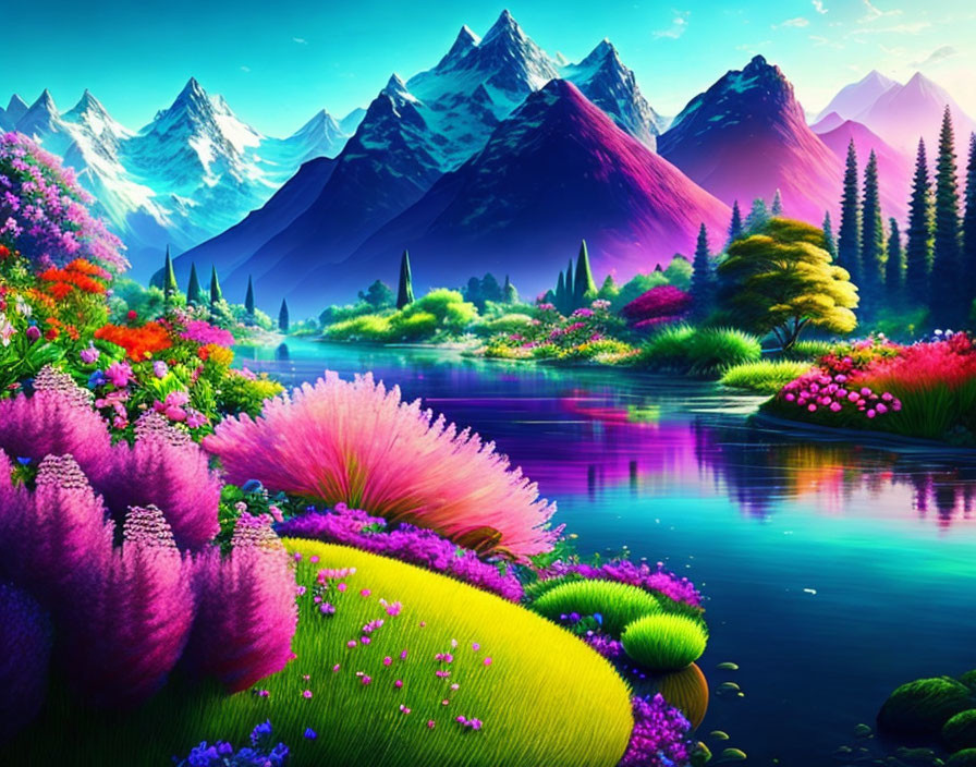 Colorful Fantasy Landscape with Flowers, Lake, and Mountains