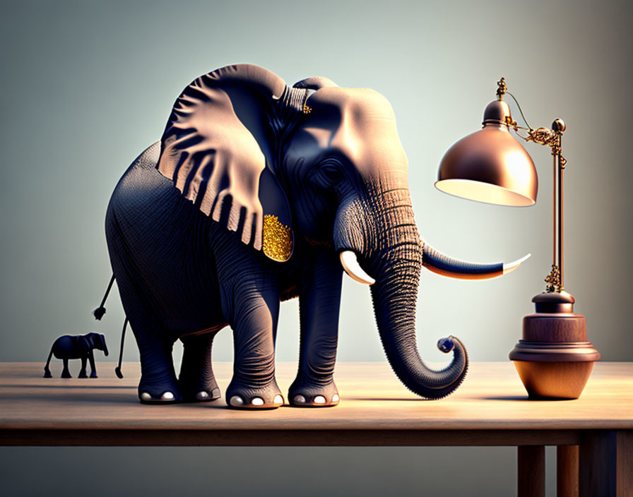 Realistic digital artwork: Large elephant balancing on narrow desk with smaller figurine and elegant lamp.