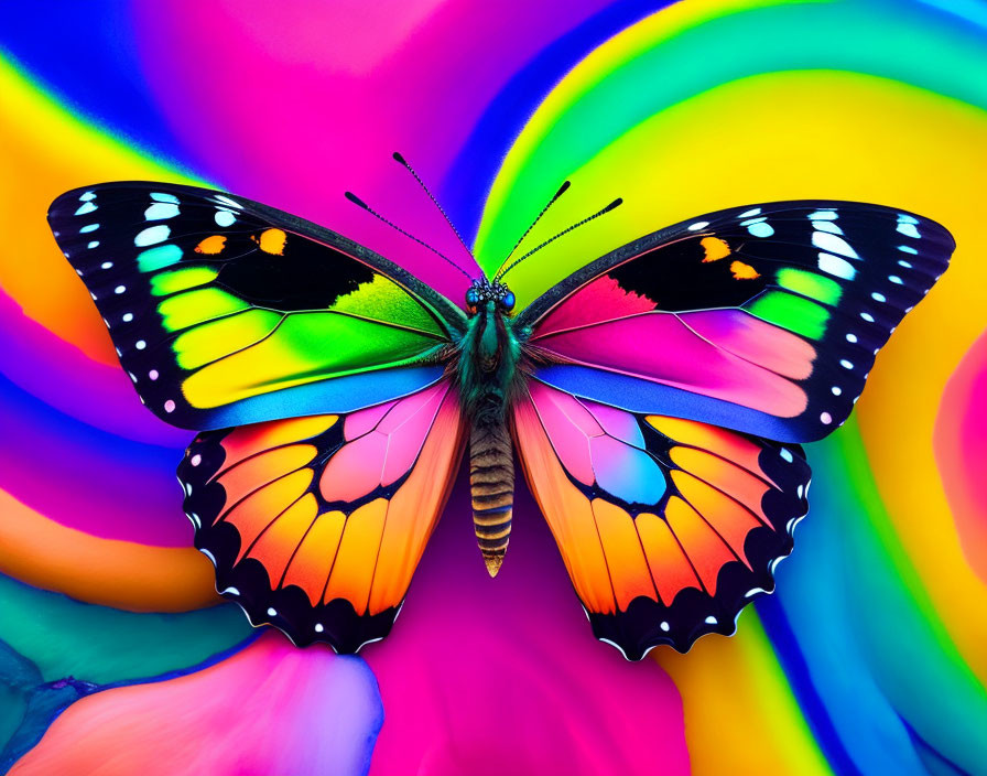 Colorful Butterfly on Psychedelic Rainbow Background