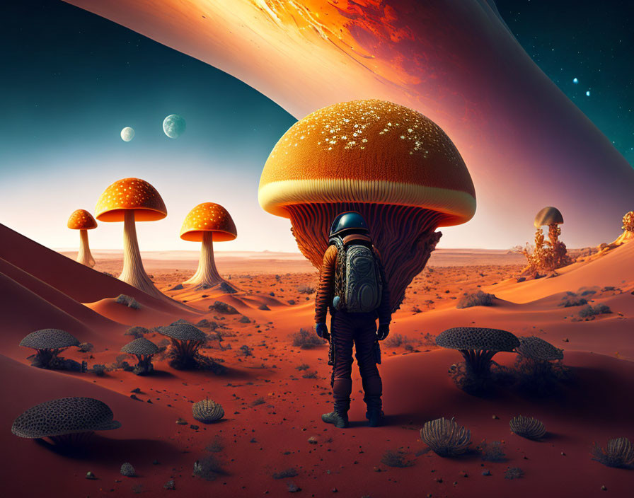 Astronaut views giant mushrooms on desert alien planet