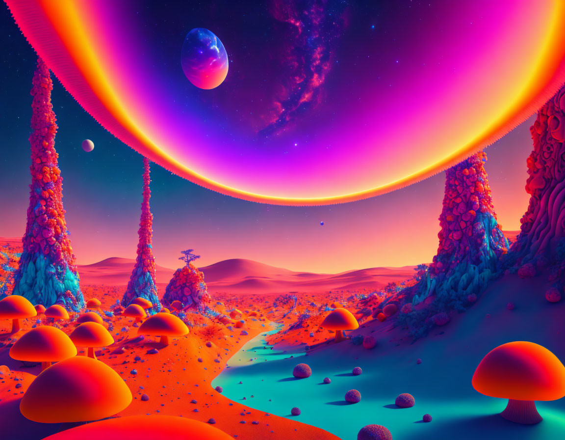 Colorful alien landscape with mushrooms, river, and planets in cosmic sky