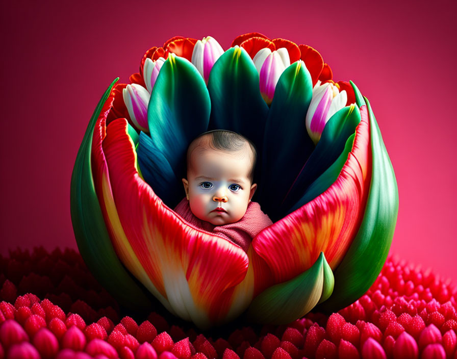 Colorful Tulip-Shaped Flower with Baby on Pink Background