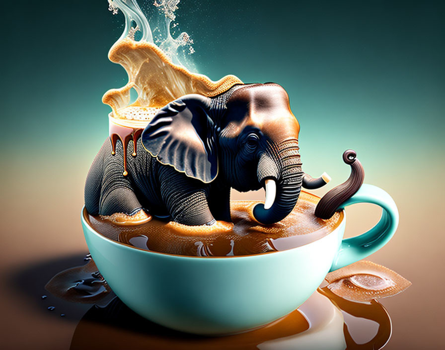 Elephant calf in coffee cup with playful splash resemblance