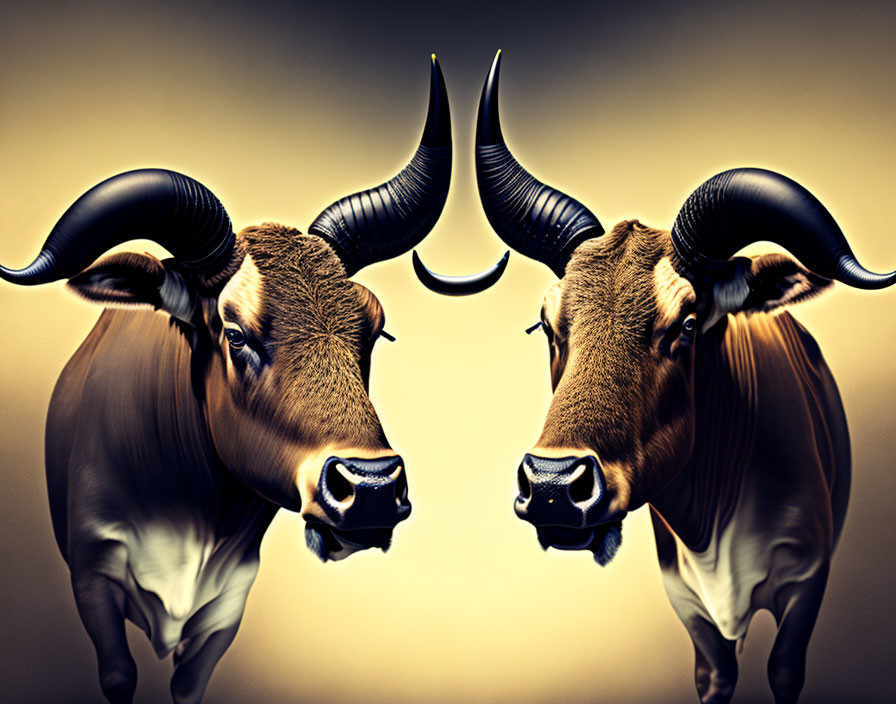 Symmetrical bulls with large curved horns on brown gradient background