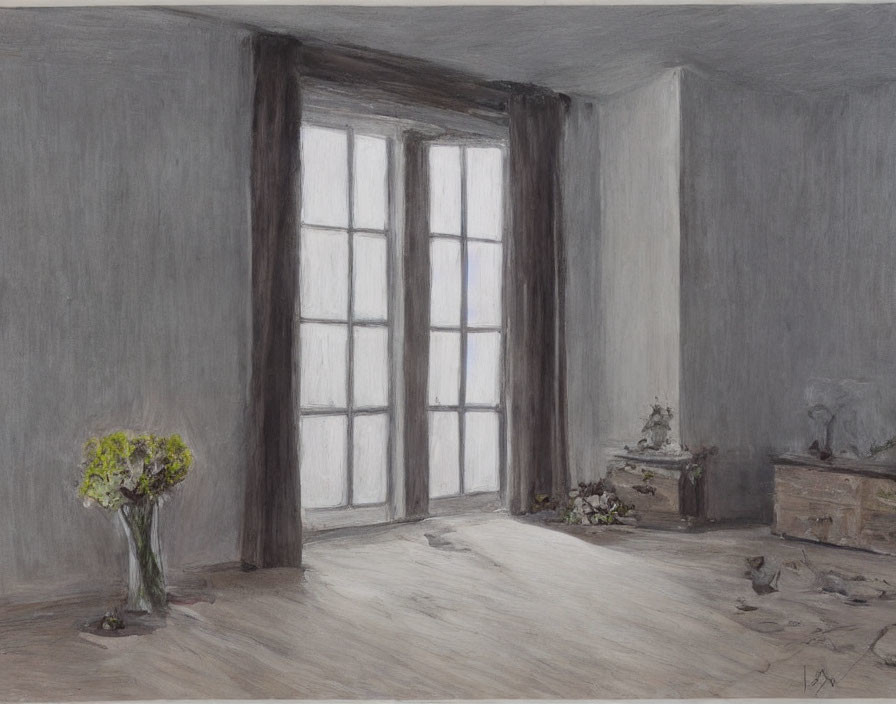 Tranquil painting of a minimalistic room with tall windows and yellow flowers