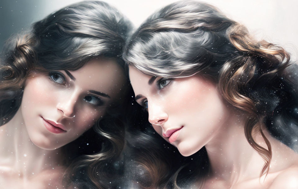 Symmetrical image of two women with wavy hair and shimmering particles