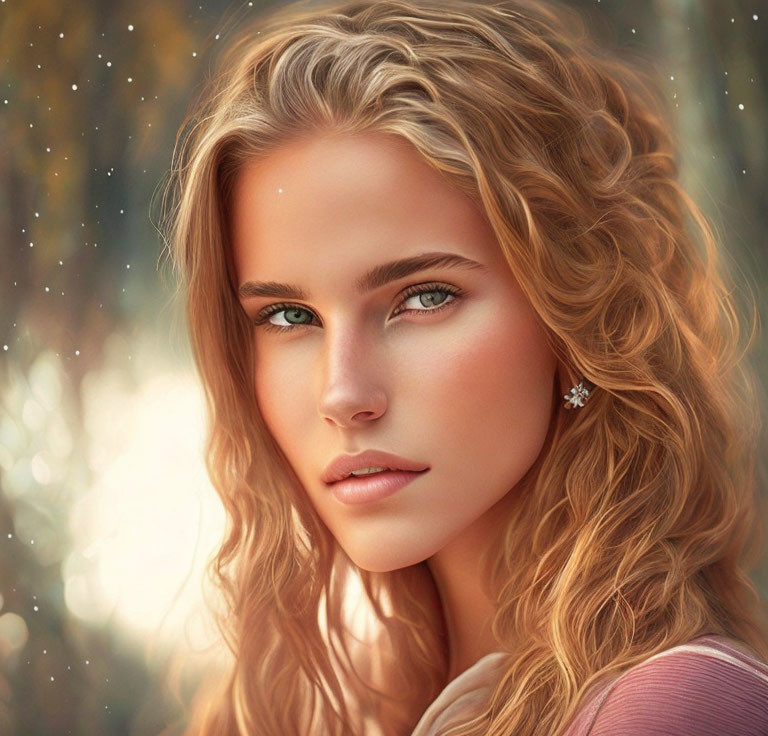 Blonde Curly-Haired Woman with Green Eyes and Soft Smile Portrait