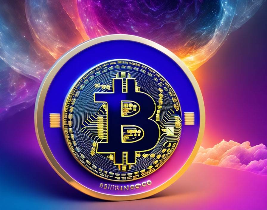 Bitcoin emblem in cosmic backdrop with nebulous colors.