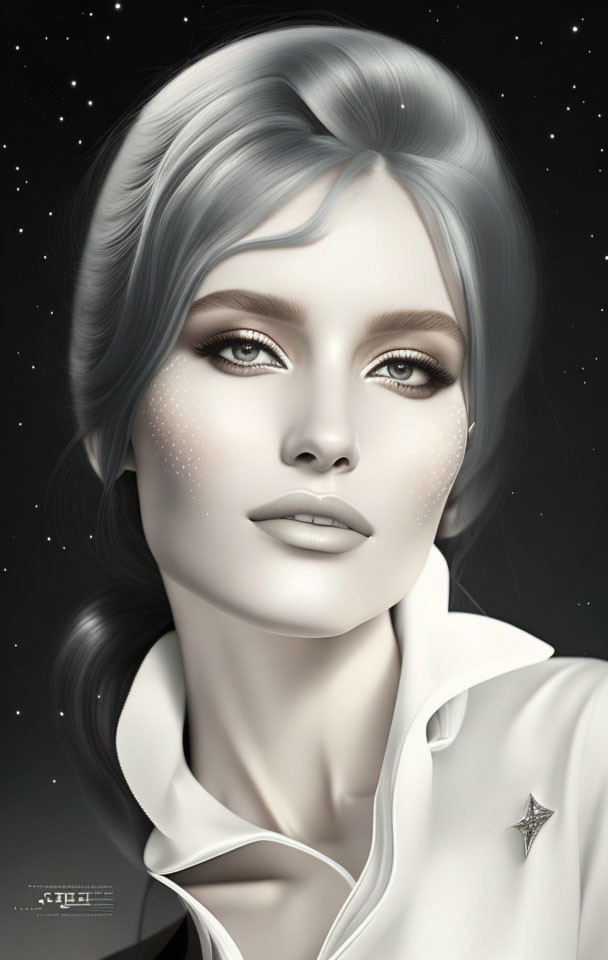 Monochromatic digital portrait: Woman with starry freckles against star-speckled background