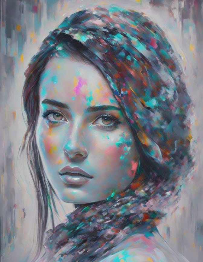 Colorful portrait of woman with blue and pink splashes on gray background