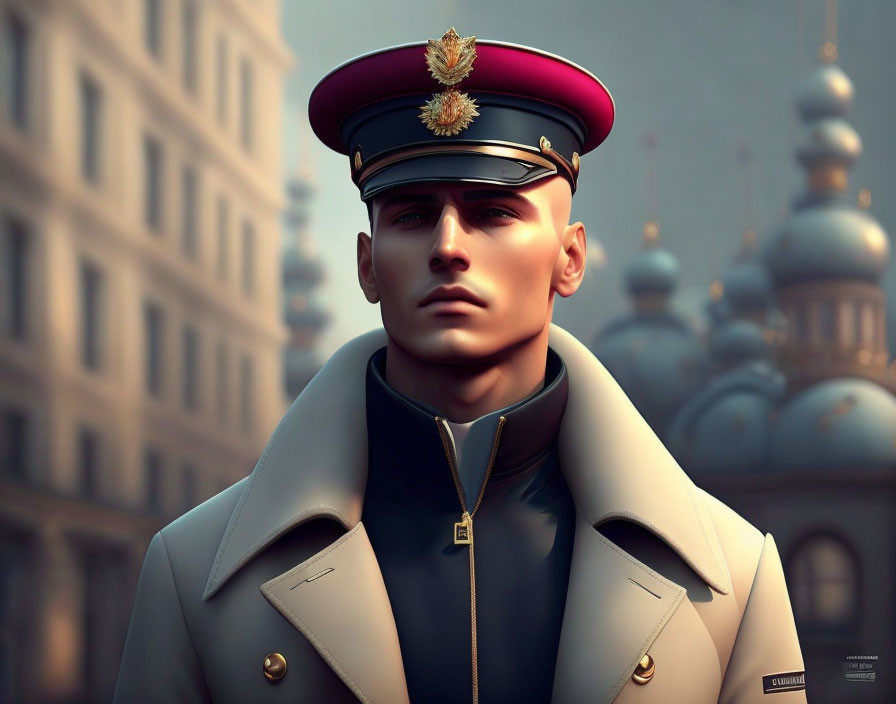 3D-rendered stern male military figure in peaked cap with cityscape background