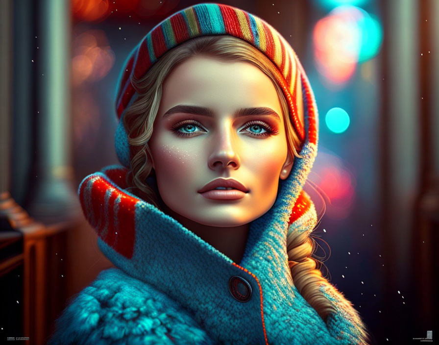 Blond woman with blue eyes in striped hat and blue coat