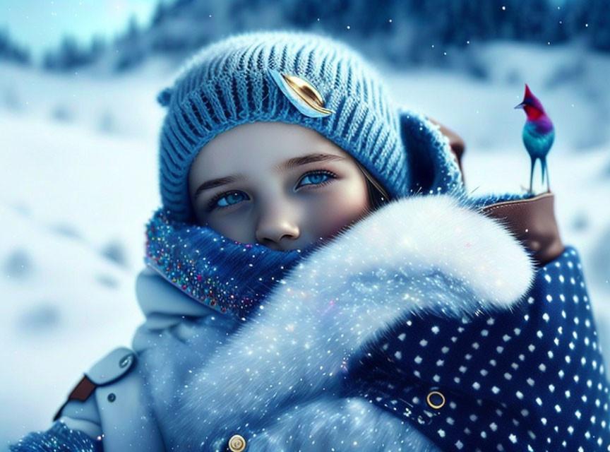 Child in Blue Hat Observes Vibrant Bird in Snowy Winter Scene