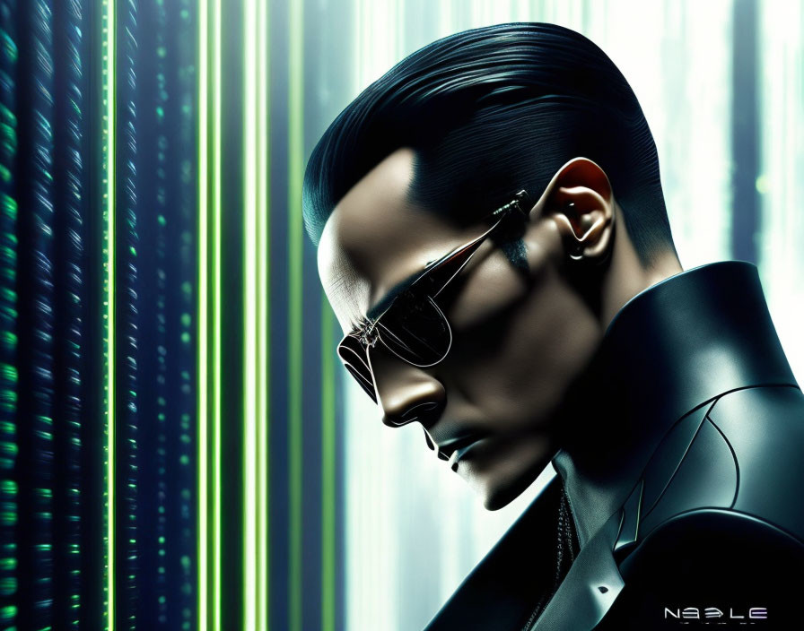 Digital artwork: Person with slicked-back hair, sunglasses, black outfit, and green digital rain background