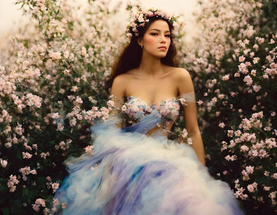 Woman in Floral Crown and Pastel Blue Dress Surrounded by Blooming Pink Flowers