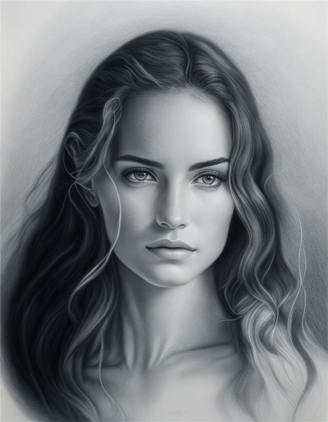 Detailed grayscale drawing of woman with wavy hair and expressive eyes