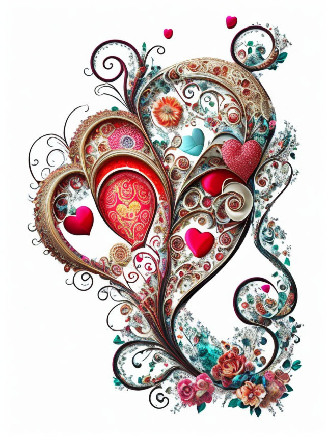 Ornate heart cluster with swirls and flowers on white background